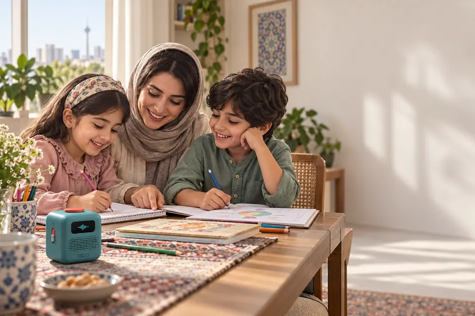 سناریوی مفهومی یادگیری کودک با والد و گجت صوتی